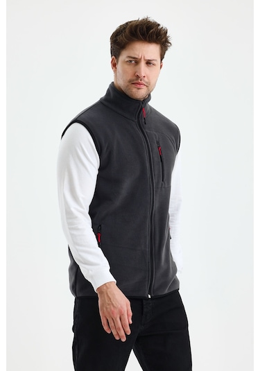 Monox Erkek Tam Fermuarlı Spor Polar Yelek Füme