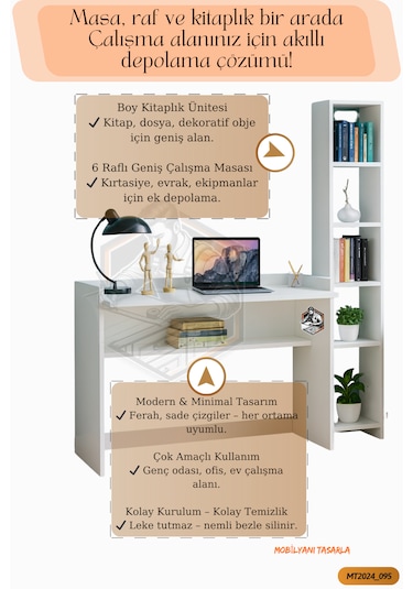Tamamı Mdf Boy Kitaplıklı 6 Raflı Modern Çalışma Odası Seti