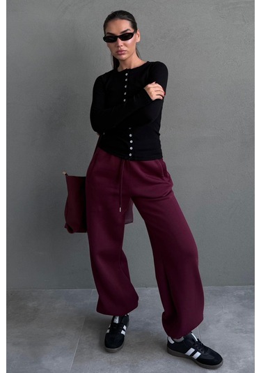 Bordo Geniş Paça Rahat Kalıp Lastikli Eşofman Altı Mg2581 Bordo