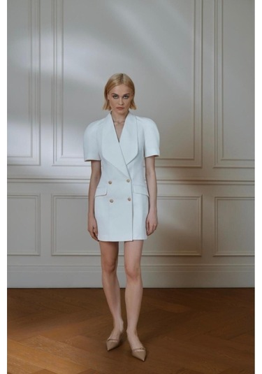 Kısa Kollu Ceket Elbise Beyaz