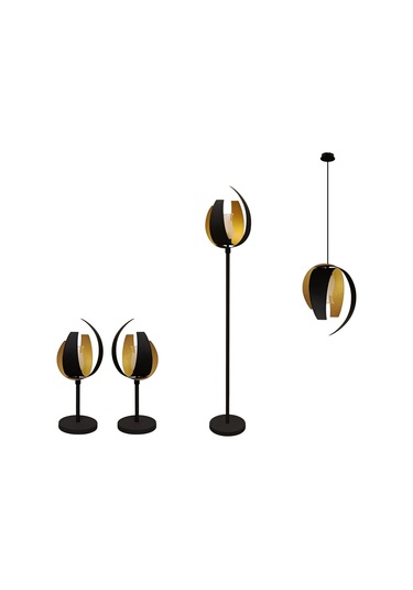 Aurum Koleksiyonu 4'lü Aydınlatma Seti 2 Abajur, 1 Lambader, 1 Sarkıt Siyah - Gold