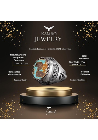Gerçek Doğal Arizona Turkuaz Taş Yüzük, Erkek Yüzüğü, 925 Ayar Gümüş Yüzük Gümüş