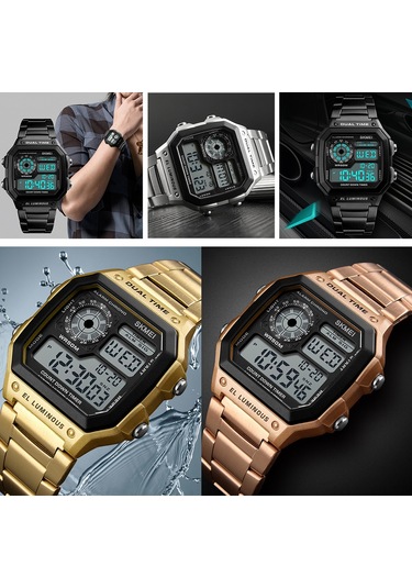 Yunboo Erkekler İçin Dijital Saat - Güneş Işığı, Stopwatch, Alarm, Hafta/gün Gösterimi - Paslanmaz Çelik Kordon - Altın Renk Çok Renkli
