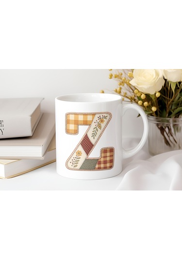 Z Harfi Sonbahar Kış Temalı Yamalı Tasarım Kupa Bardak - Etnik Ve Pathwork Severlere Özel Hediye Beyaz