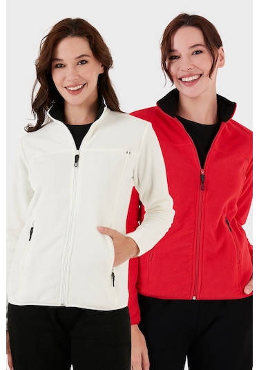 Lela Slim Fit Anti-Pilling Tüylenme Yapmayan Fermuarlı Cepli Hırka 2' Li Paket Bayan Polar 5907002S2 Ekru-Kırmızı