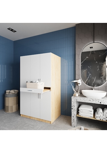 Tina Çamaşır Ve Kurutma Makinesi Dolabı Banyo Dolabı Meşe Beyaz Beyaz - Meşe