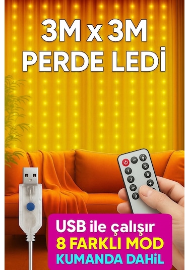 Perde Led 3mx3m Kumandalı 8 Fonksıyonlu 300 Ledli 10 Sarkıtlı Usb Girişli. Çok Renkli