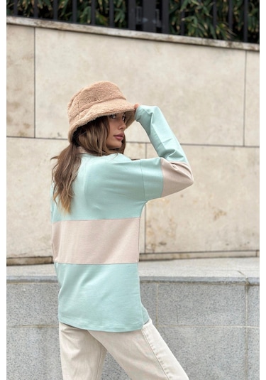 WeShaya Kadın Mint Uzun Kol, Dik Yaka, Fermuarlı, Double Color Block Basic Sweatshirt Bluz Mint
