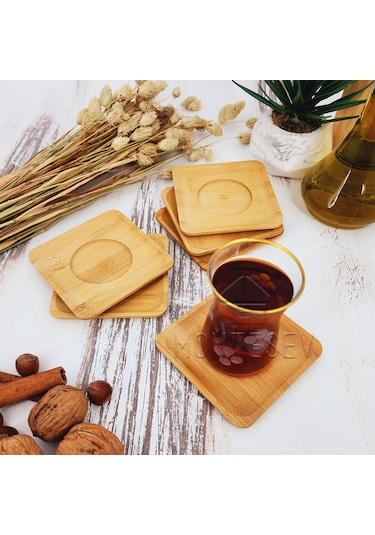 Ahşap Çay Tabağı 6 Lı Set Bardak Fincan Kupa Altlığı Kare Ahşap