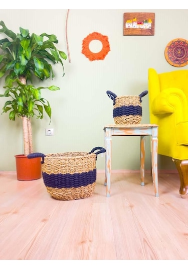 Bitki Tasarımı Düzenleyici Kulplu Siyah Şeritli Doğal Örgü Sepet İkili Set Büyük-küçük