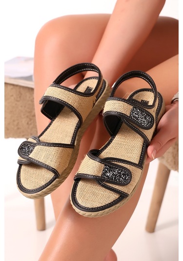 Hsr6005 Kadın Hasır Sandalet Şık Yazlık Plaj Tatil Hasır Günlük Cırtlı Sandalet Siyah