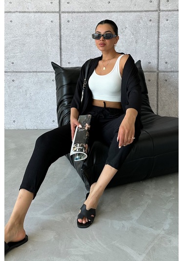 Modagen Kadın Siyah Kimono Alt Üst Havuç Pantolon Takım Siyah