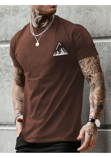 Üçgen Dağ T-shirt - Kahverengi Baskılı Oversize Bisiklet Yaka Kısa Kol Tişört Kahverengi