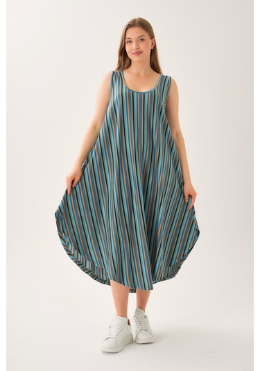 Asimetrik Kesim Çizgili Kolsuz Elbise Yeşil