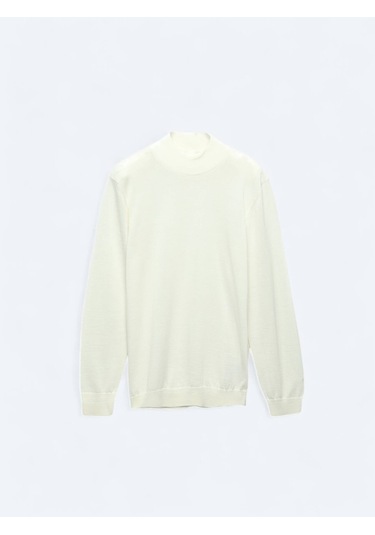 Kip Ekru Yarım Balıkçı Yaka Düz Örgü Yün Karışımlı Triko Kazak Ekru