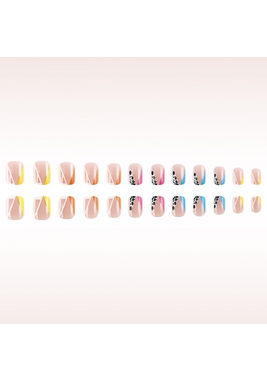 Kısa Kare Parlak Çok Renkli Fransız Tırnak Şeritleri Düzensiz Leopar Tatlı Havalı Takma Tırnaklar 24 Adet Takma Tırnak Dahil Aletlerys018