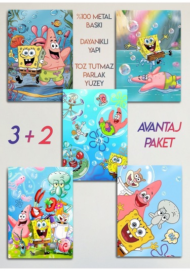 Metal Baskı - Süngerbob, Çocuk Bebek Odası, Spongebob 5'li Set Tablo