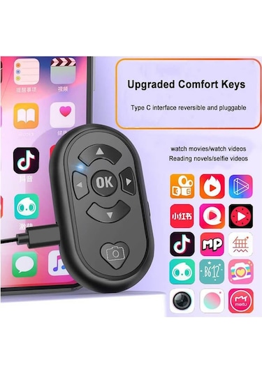 Tiktok Bluetooth Uzaktan Kumanda Düğmesi Sayfa Çevirici Video Kaydı Selfie Kumandası - Siyah