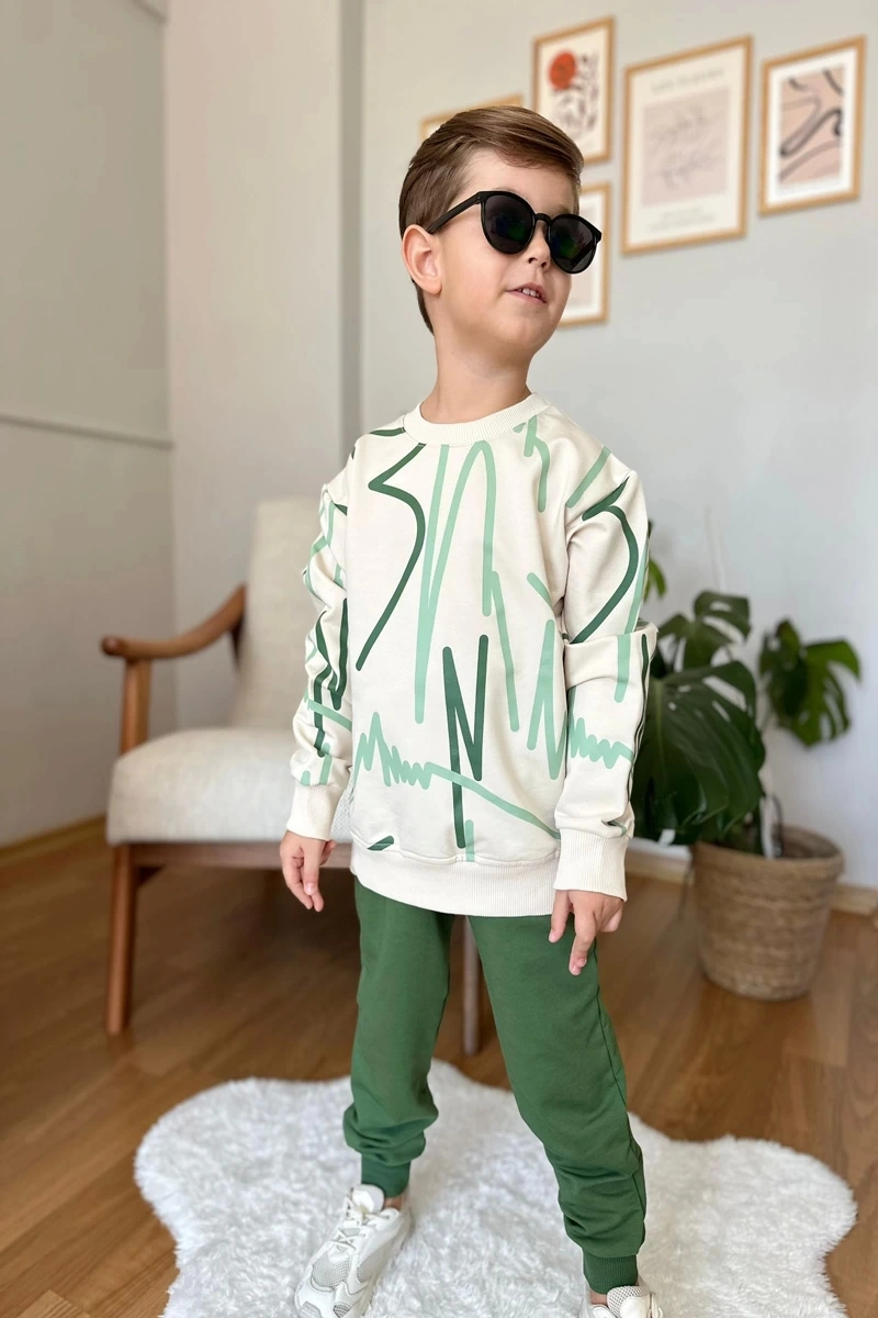 Çizgi Desenli Yeşil Renk Erkek Çocuk Eşofman Takım Yeşil