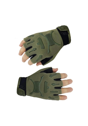 Single Sword Yarım Parmak Taktik Bisiklet Motosiklet Eldiveni  Haki