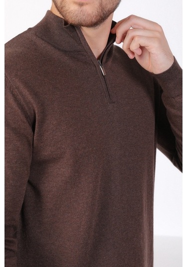 Ferraro Kahve Dik Yaka Düz Renk Pamuk Erkek Kazak Kahverengi