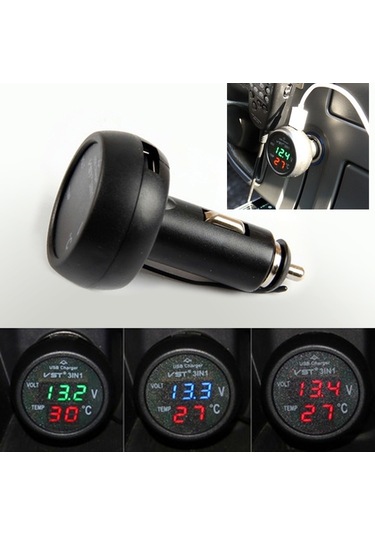 Sones 3'ü 1 Arada Universal Araç Dijital Gerilim Ölçer Sıcaklık Ölçer Usb Şarj Cihazı, Dc12-24v