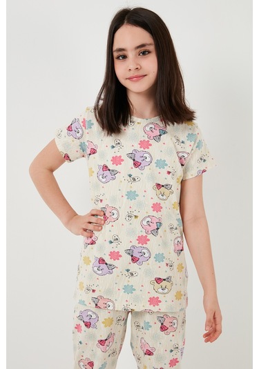Lela % 100 Pamuk Bisiklet Yaka Kısa Kollu Kız Çocuk Pijama Takımı 6651004 Bej