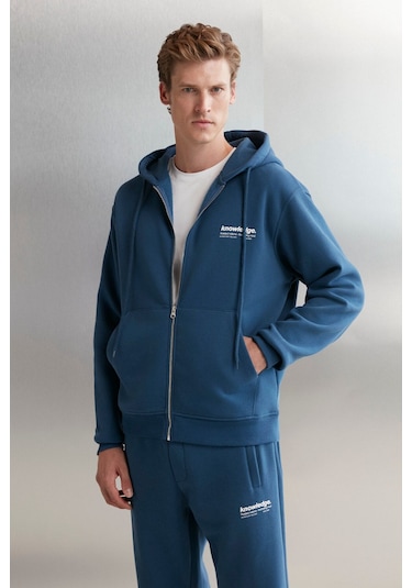 GRIMELANGE Aksel Erkek Yumuşacık Organik Pamuk Oversize Fermuarlı Baskılı Kapüşonlu Mavi Sweatshirt Mavi