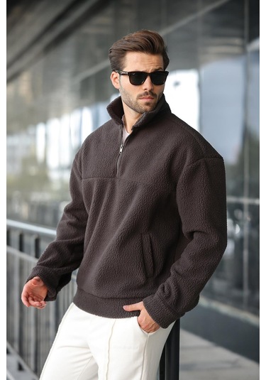 Madmext Füme Yarım Fermuarlı Dik Yaka Polar Sweatshirt E7165 Füme