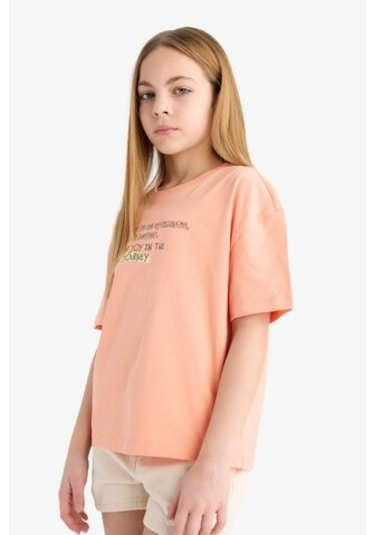 DeFacto Kız Çocuk Relax Fit Bisiklet Yaka Baskılı Kısa Kollu Tişört E0353A825SMOG189 Turuncu