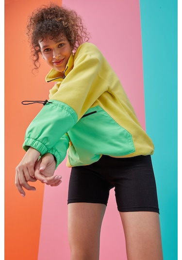 Tommy Life Limon Etek Ucu Büzgülü Yarım Fermuarlı Oversize Kadın Polar Sweatshirt - 97238 Limon Sarısı