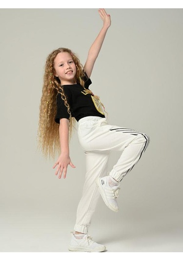 Kız Çocuk Lemon Tshirt Baskılı Paçası Lastikli Eşofman Takım-11632 Siyahbeyaz