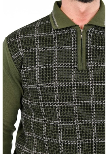 Kamalı Erkek Çelik Örgü Kazayağı Gömlek Yaka Fermuarlı Polo Yaka Tüylenmeyen Triko Kışlık Baba Kazak Haki