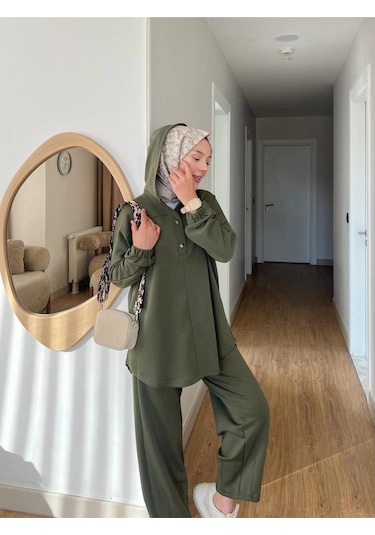 Lena Modal Kumaş Çıt Çıt Detaylı Kadın Tesettür İkili Takım Haki