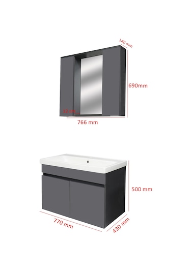 Karen Banyo Arya Banyo Dolabi Seti 80 Cm, Mat Antrasit Çok Renkli