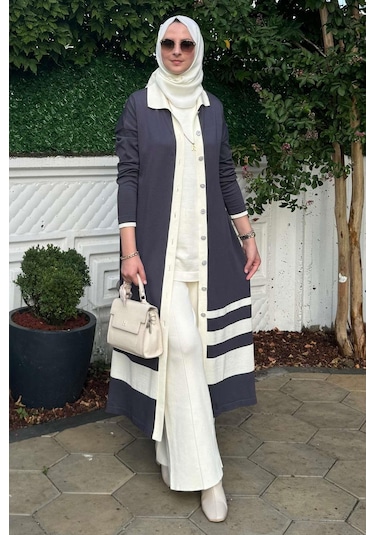 İmge Çizgili Triko Hırka Antrasit Çok Renkli