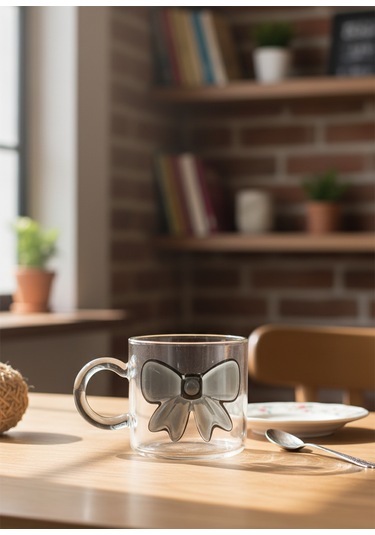 Lebron Borosilikat Cam Kupa Kurdelalı Şeffaf Kahve & Çay Bardağı Siyah Renk