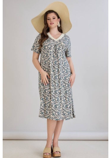 Wearon Kadın Beliz Büyük Beden Dantelli Kısa Kollu Turkuaz Elbise Bej