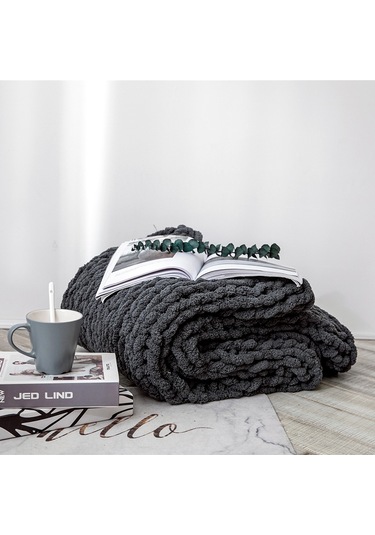 Sones El Yapımı Kalın Yün Örgü Battaniye Kanepe Şönil Çubuk Örgü Battaniye, Boyut: 80 X 100 Cm Koyu Gri