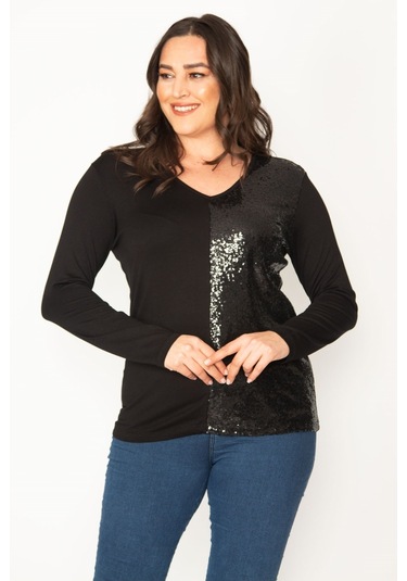 Kadın Siyah Yarısı Pul Payet Detaylı V Yaka Bluz 65n30422-siyah Siyah