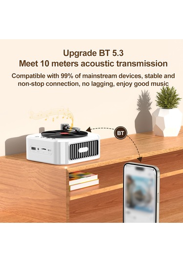 Vkemall Beyaz Vintage Plak Dönen Bluetooth Hoparlör - 360 Stereo Ses, Bt 5.3, 10+ Saat Pil, Çoklu Çalma Modu