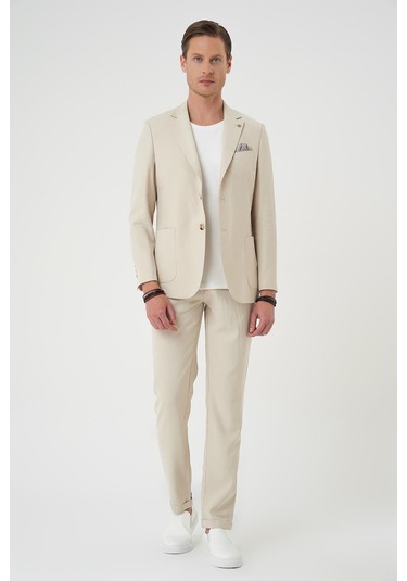 Slim Fit Torba Cep Spandex Karışımlı Casual Krem Ceket C 714 Krem