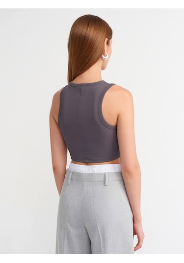 Dilvin Dikiş Efektli Crop Top Füme