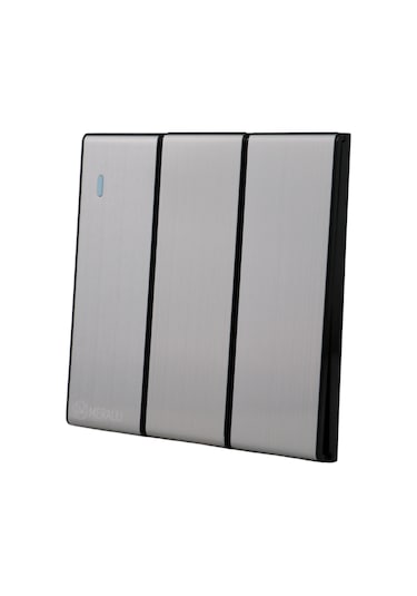 MERALLI INOX 3'lü anahtar, hakiki fırçalanmış paslanmaz çelik, çerçevesiz 86×86 Modüler  kasa dahil