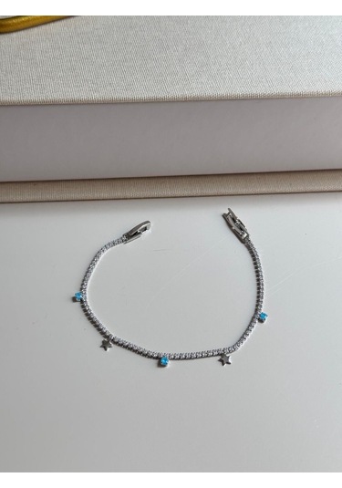 Yıldız Figürlü Mavi Taş Detaylı Gümüş Renk Çelik Bileklik Zarif Kadın Takı Gümüş
