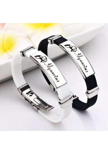 Siyah Charm Takı Paslanmaz Çelik 12 Takımyıldızları Kadınlar İçin Silikon Manşet Bilezikler Aquarius Siyah