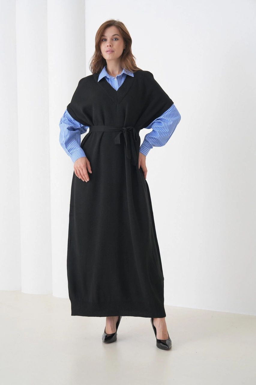 Kadın Uzun Kol Gömlek Yaka İçi Gömlekli Triko Kuşaklı Triko Spor Şık Elbise Siyah