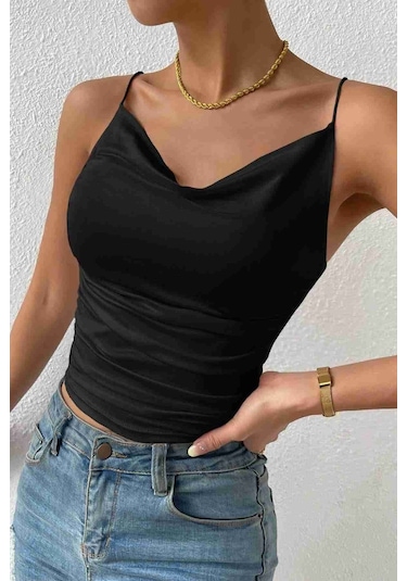 Merry See Kadın Kolsuz Askılı Degaje Yaka Bluz Crop Siyah 001