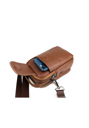 Erkek Kapaklı Çok Bölmeli El Ve Omuz Çantası Taba