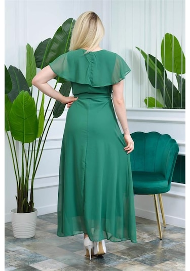 Neşeli Butik Kadın Yeşil Kruvaze Yaka Bağlama Detaylı Uzun Şifon Elbise Nb0001 Yeşil